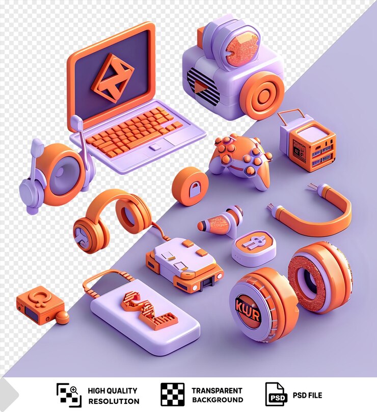 PSD conjunto de iconos 3d kuar código vector ilustración de un conjunto de iconas 3d incluyendo un teclado de computadora portátil ratón y varios otros objetos dispuestos en una fila de izquierda a png psd