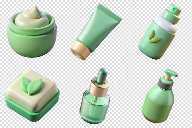 Conjunto de íconos 3D de productos cosméticos naturales veganos Concepto de cuidado personal de la piel