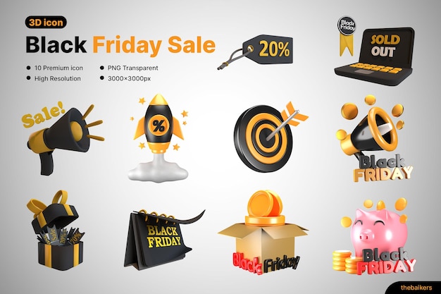 Conjunto de iconos 3D realistas en estilo plástico de dibujos animados para publicidad y promociones de venta de Black Friday