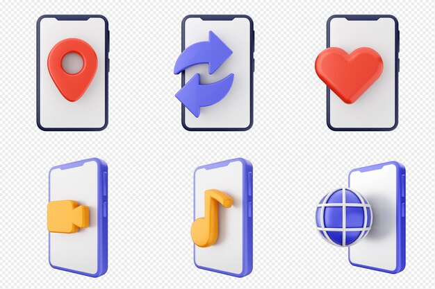 Conjunto de iconos de aplicaciones de teléfonos inteligentes 3D