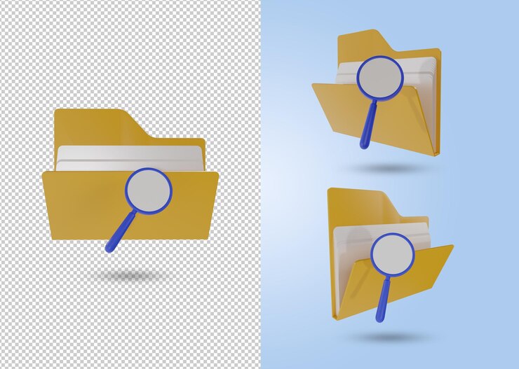PSD conjunto de iconos de carpeta con lupa concepto de búsqueda de documentos 3d render psd file