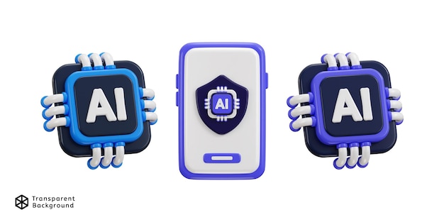 Conjunto de iconos de chip 3D Ai para la inteligencia artificial Ilustración vectorial de renderización 3D
