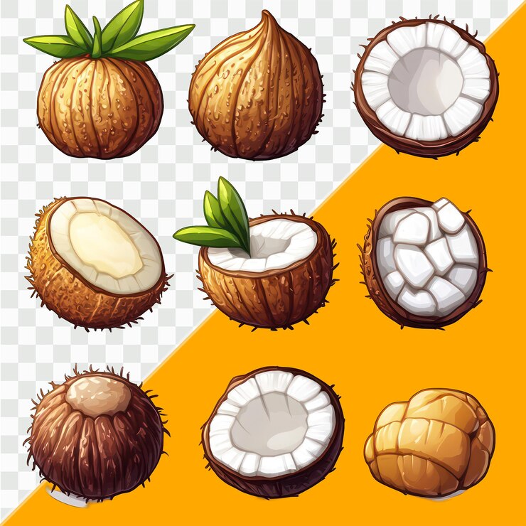 PSD un conjunto de iconos para el coco como el coco en un fondo blanco en un estilo de dibujos animados con simple