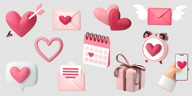 PSD conjunto de iconos de colección romántica 3d corazones cartas de amor y regalos