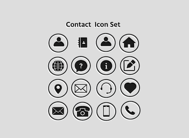 Conjunto de iconos de contacto en blanco y negro que ilustran los elementos de comunicación de la interfaz de usuario