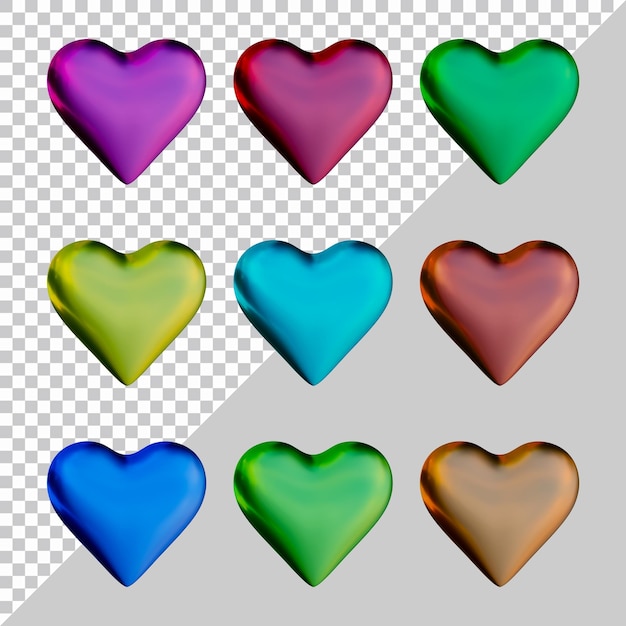 PSD conjunto de iconos de corazón o formas de símbolo de amor en 3d render