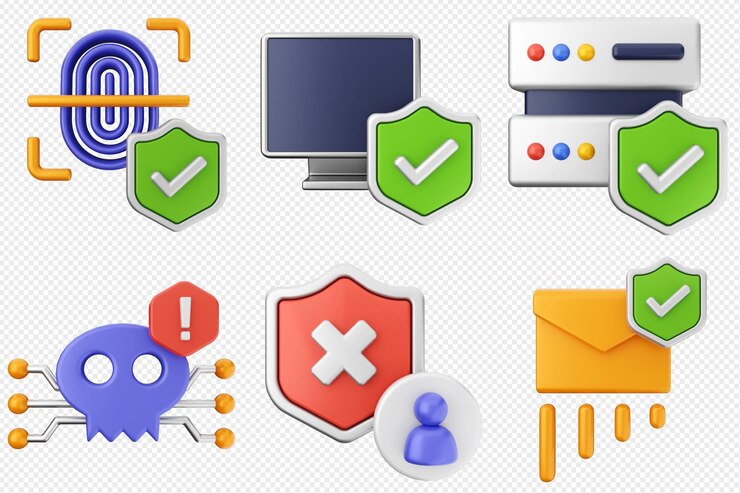 PSD conjunto de iconos de escudo de protección de ciberseguridad 3d