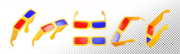 Conjunto de iconos de gafas de cine 3D para ver películas vista frontal y lateral marco de plástico dorado amarillo con lentes rojas y azules para efecto de volumen elementos gráficos aislados en el fondo