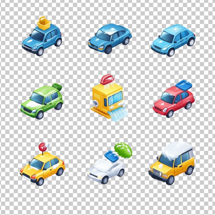 PSD este conjunto de iconos de lavado de coches representa el profesional en un fondo transparente