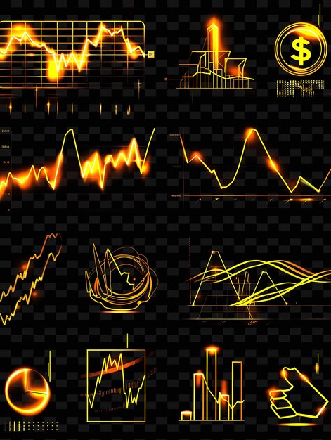 Un conjunto de iconos del mercado de valores con efecto brillante en png en línea iconic y2k shape art decorative