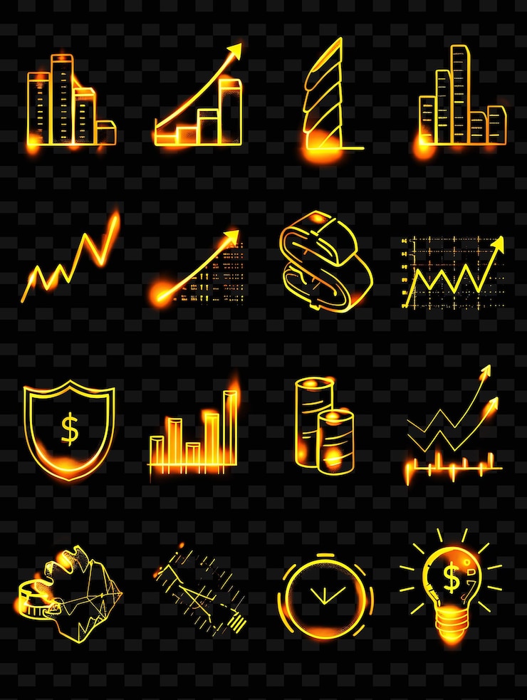PSD un conjunto de iconos del mercado de valores con efecto brillante en png en línea iconic y2k shape art decorative