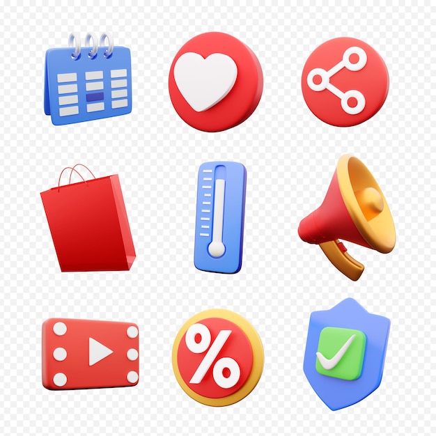 Conjunto de iconos de mezcla de render 3D sobre fondo blanco. Conjunto de iconos de render 3d multicolor