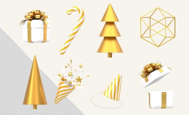 Conjunto de iconos de Navidad 3D Blanco de lujo y oro de decoraciones de Año Nuevo Cajas de regalo navideñas bastón de caramelo popper de fiesta de árbol de Navidad con sombrero de rayas de confeti aislado sobre fondo blanco Ilustración 3D