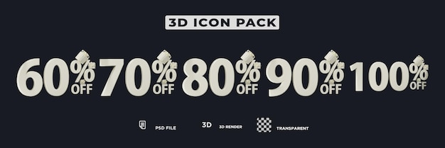 Conjunto de iconos de números de descuento 3d render premium psd