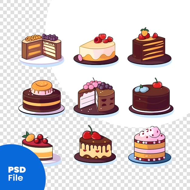 PSD conjunto de iconos de pastel. ilustración vectorial de un conjunto de pasteles. plantilla psd