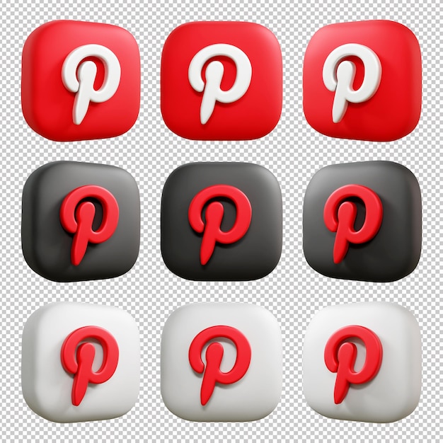 PSD conjunto de iconos de pinterest 3d o paquete de iconos de pinterest realista 3d