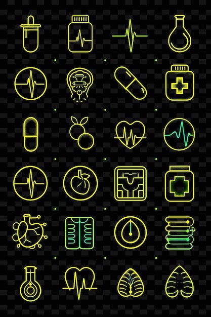 PSD un conjunto de iconos de salud con un estilo punteado y una línea de señales de neón png iconic y2k shape art decorative