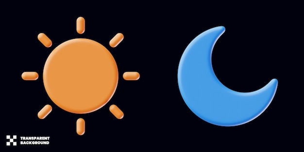 Conjunto de iconos de sol y luna en renderizado 3d minimalista