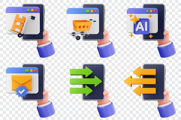 Conjunto de iconos de teléfonos inteligentes 3D en la mano