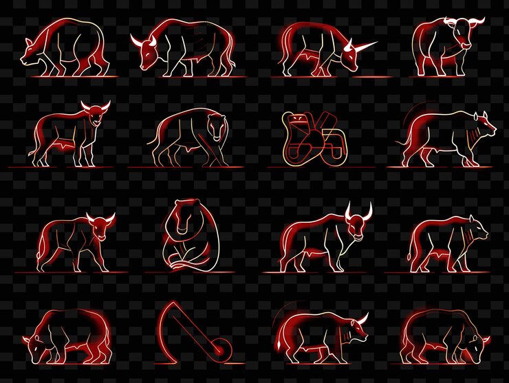 PSD un conjunto de íconos de toro y oso con brillo pulsante en neon hal png iconic y2k shape art decorative
