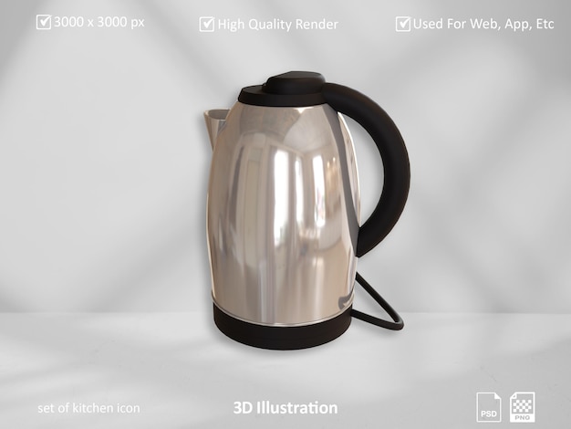 Conjunto de ilustración 3D de la máquina de tetera de icono de cocina