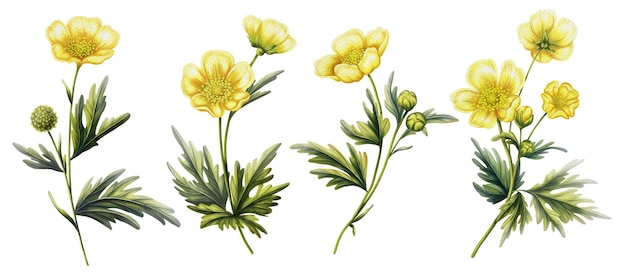 Conjunto de ilustraciones de 4 flores de mariposa en estilo acuarela Imprenta con flores silvestres para la decoración