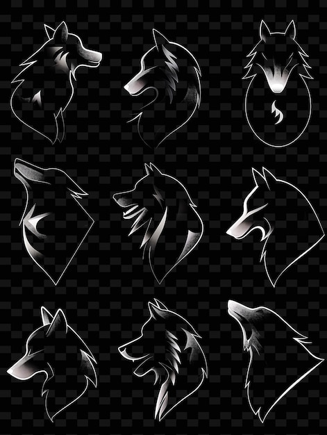 PSD un conjunto de ilustraciones en blanco y negro de perros con un lobo en un fondo negro