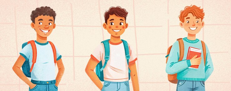 Un conjunto de ilustraciones dibujadas a mano de tres escolares felices de diferentes nacionalidades