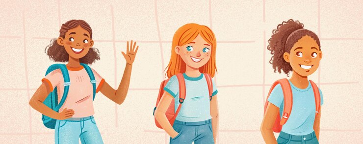PSD un conjunto de ilustraciones dibujadas a mano de tres escolares felices de diferentes nacionalidades