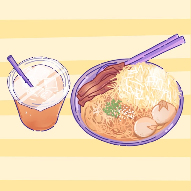 El conjunto de ilustraciones de fideos Udon Ramen Vermicelli arroz fideos