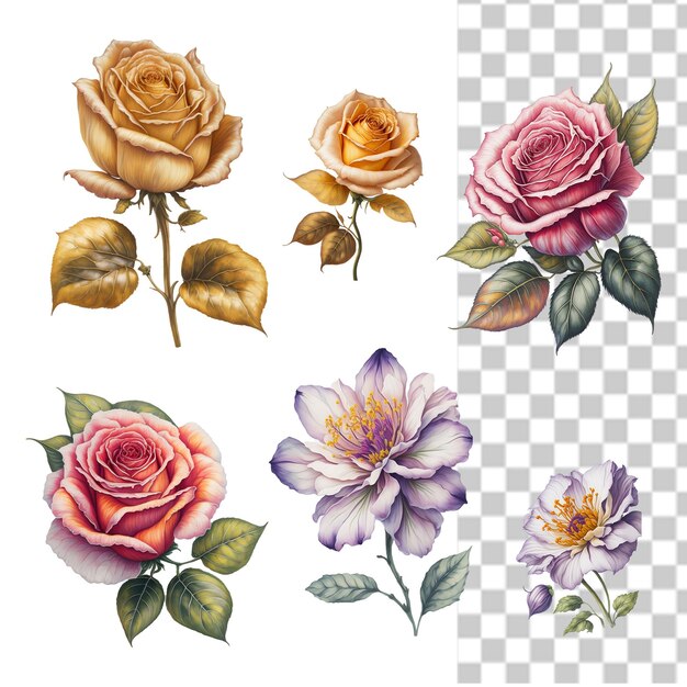 PSD conjunto de ilustraciones de flores y plantas.