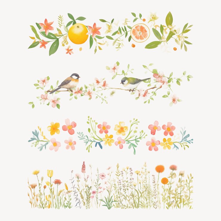 PSD conjunto de ilustraciones de frutas de aves de la naturaleza floral