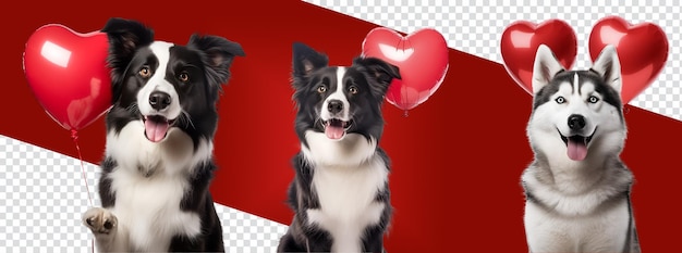 PSD conjunto de ilustraciones de perros felices con globos en forma de corazón adecuados para el día de san valentín