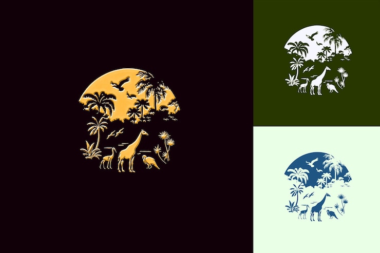 PSD un conjunto de imágenes de animales y palmeras