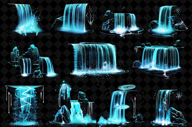 un conjunto de imágenes de cascadas de agua y la luz azul en la parte inferior