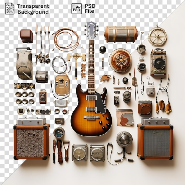 Un conjunto de instrumentos y accesorios exhibido en una pared blanca con una guitarra marrón y madera una cámara plateada una radio plateada y gris y una marrón y madeira