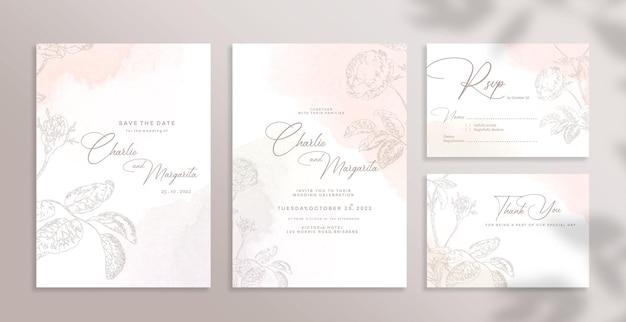 Conjunto de invitación de boda con botánico