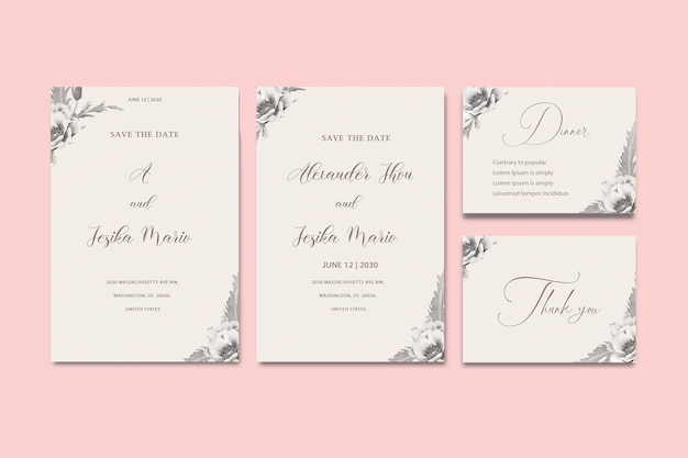 conjunto de invitación de boda con fondo de acuarela de flor abstracta y rosa psd