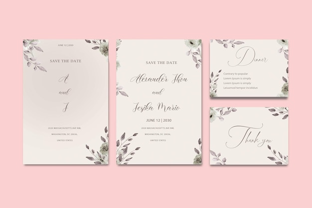 PSD conjunto de invitación de boda con fondo de acuarela de flor abstracta y rosa psd