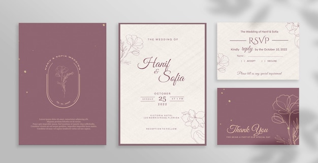Conjunto de invitación de boda con fondo granate