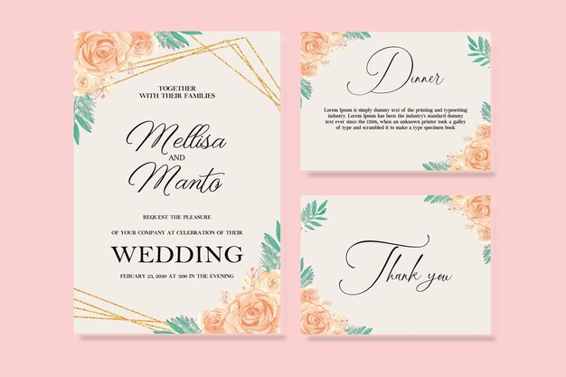 conjunto de invitación de boda con marco de flores guardar el menú de fecha y hermosas flores PSD premium