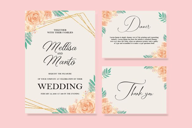 Conjunto de invitación de boda con marco de flores guardar el menú de fecha y hermosas flores psd premium