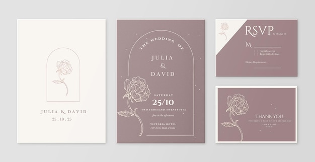 Conjunto de invitación de boda minimalista con fondo granate