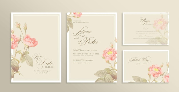 Conjunto de invitación de boda vintage con flor rosa