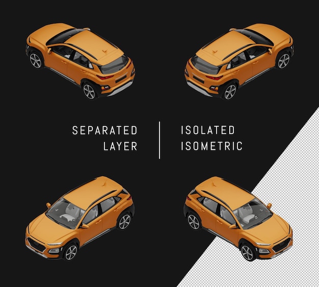 Conjunto isométrico del coche del coche de suv de la ciudad moderna amarilla aislada