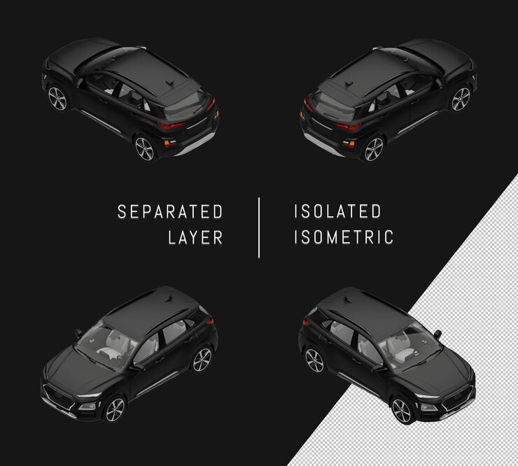 PSD conjunto isométrico del coche del coche de suv de la ciudad moderna negra aislada
