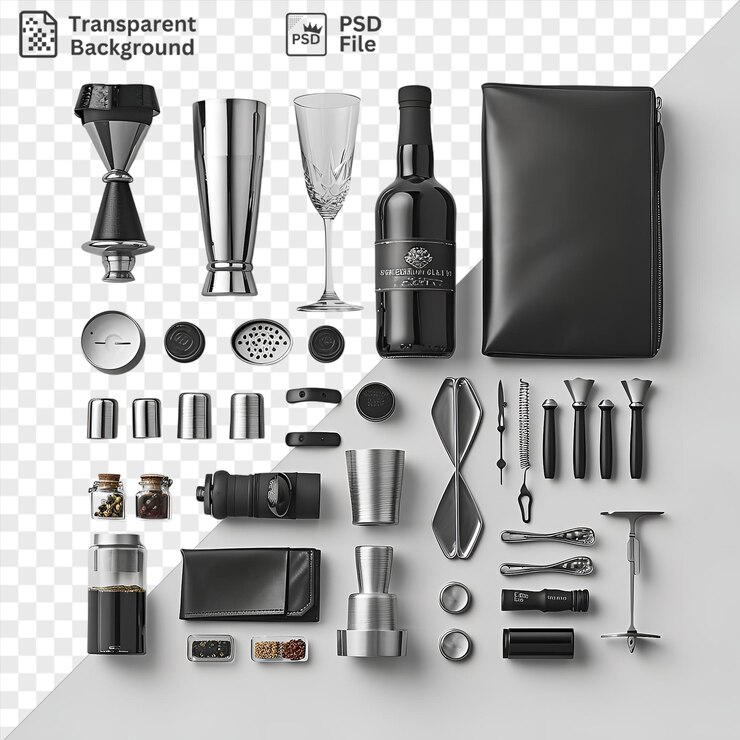 PSD el conjunto de kits de camareros profesionales psd se muestra en un fondo transparente con una botella negra de vidrio transparente y una billetera negra