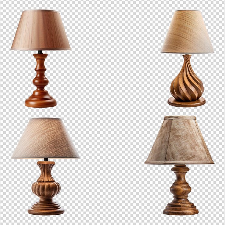 PSD un conjunto de lámparas de mesa de madera aisladas sobre un fondo transparente