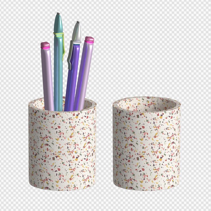 un conjunto de lápices de colores en una taza con un patrón de lápizes púrpuras