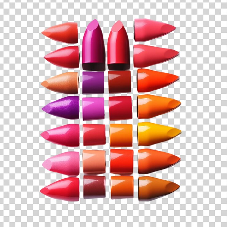 PSD un conjunto de lápices labiales coloridos dispuestos en un gradiente aislado en un fondo transparente